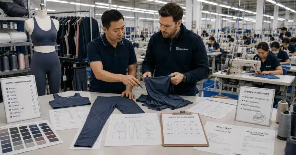Activewear factory team reviews fabric, garment samples, size specs, certifications, and inspection standards before production.