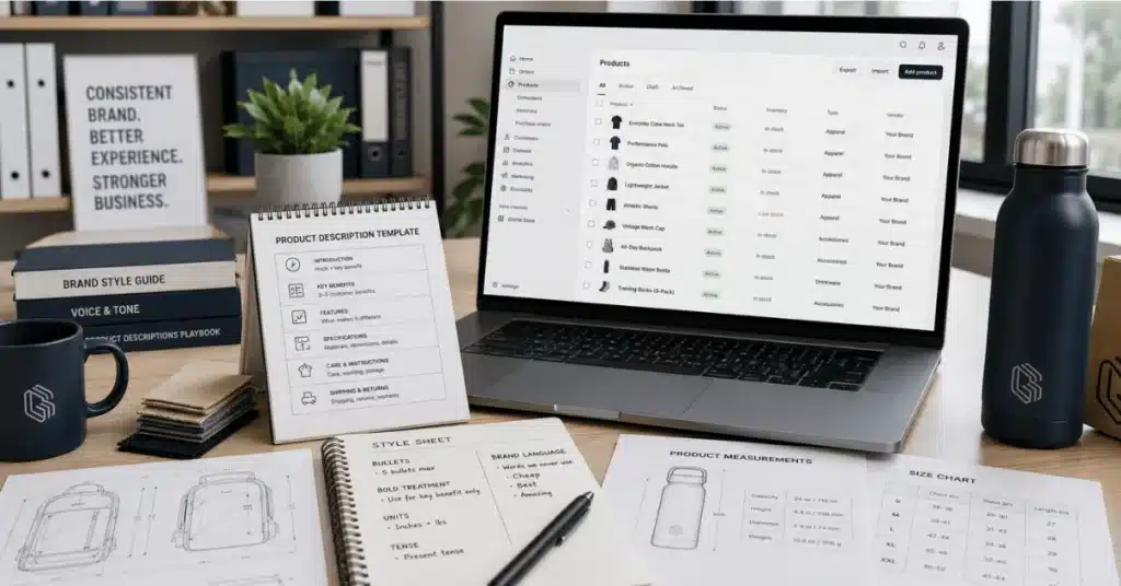 Shopify product catalog workspace with brand style guide, size chart, product measurements, and reusable description template for consistent product pages.
