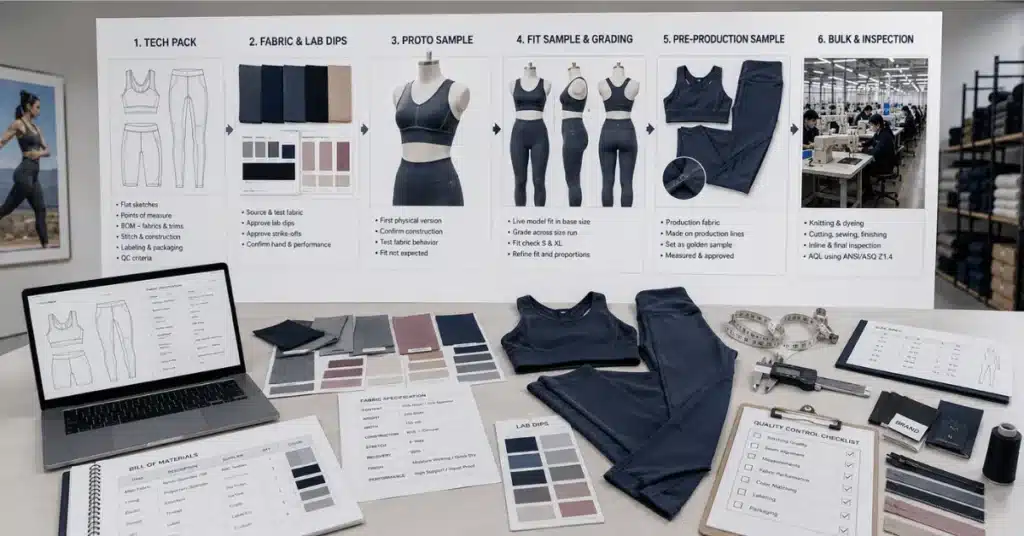 Activewear development process showing tech pack creation, fabric testing, proto sample, fit sample, pre-production sample, bulk production, and inspection.