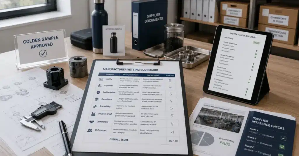 Manufacturer vetting scorecard with audit checklist, approved sample, supplier documents, and product parts for factory evaluation.