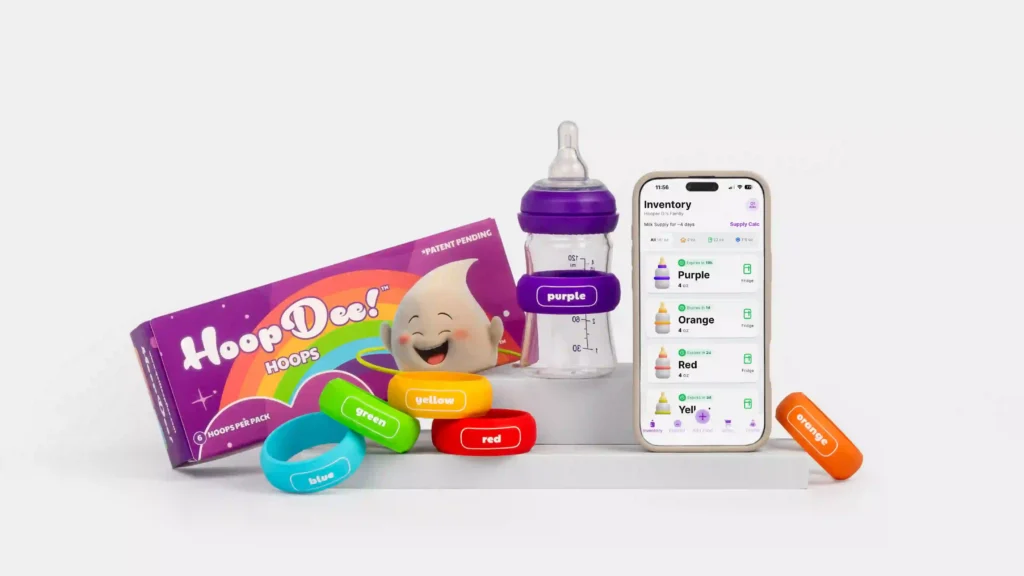 HoopDee Hoops NFC silicone bands in five colors with retail box and the companion bottle-tracking app