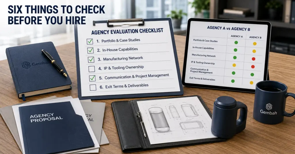 Agency checklist, proposal and product drawings for comparing product development agency options.