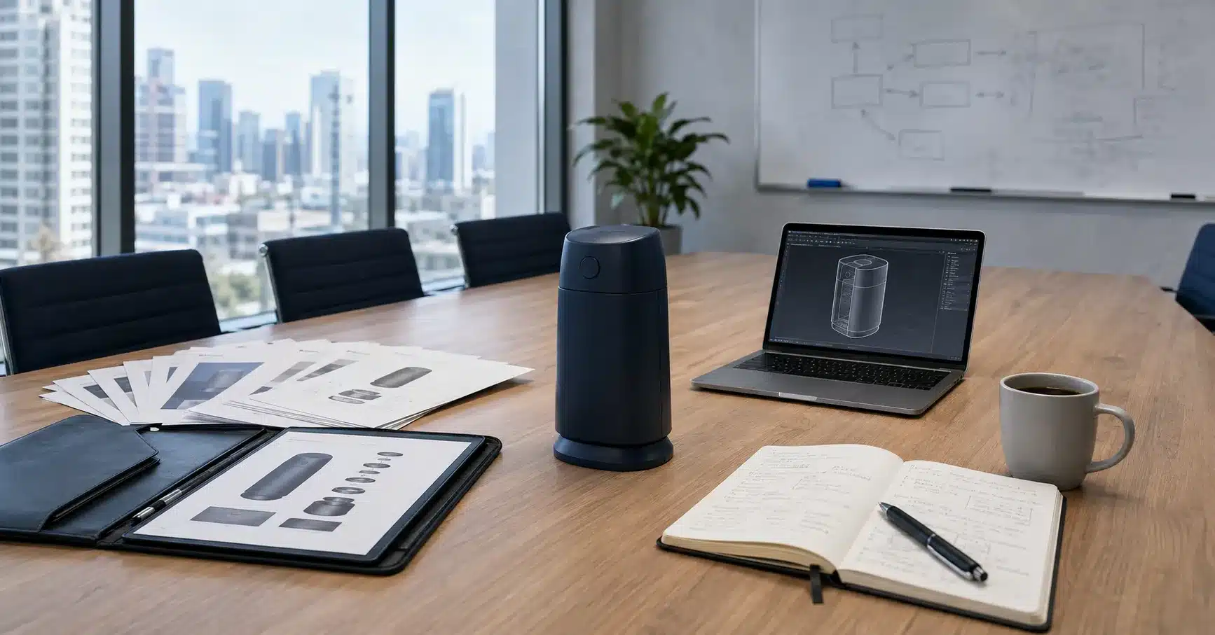 Product prototype, CAD files and notes on a conference table during product development agency planning.