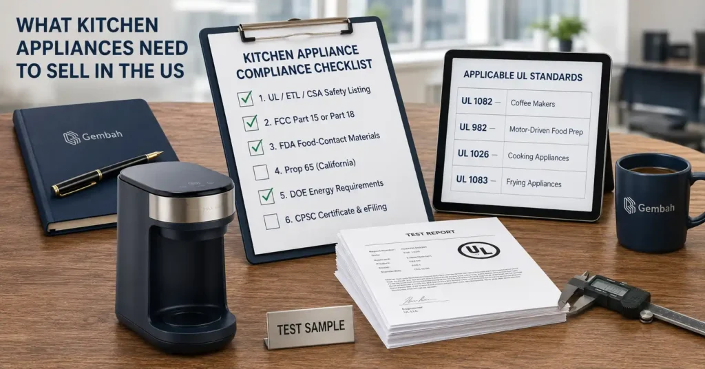 Kitchen appliance compliance checklist with UL standards, test reports and a small appliance sample.