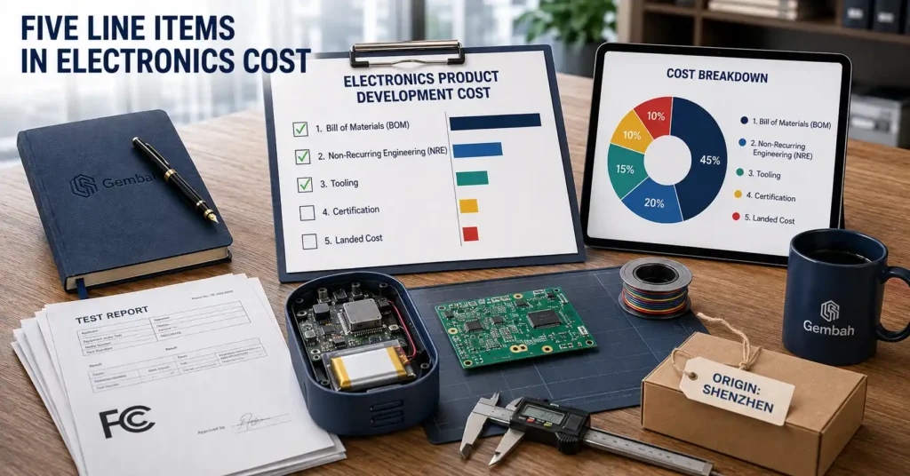 Electronics product development cost breakdown covering BOM, NRE, tooling, certification and landed cost.