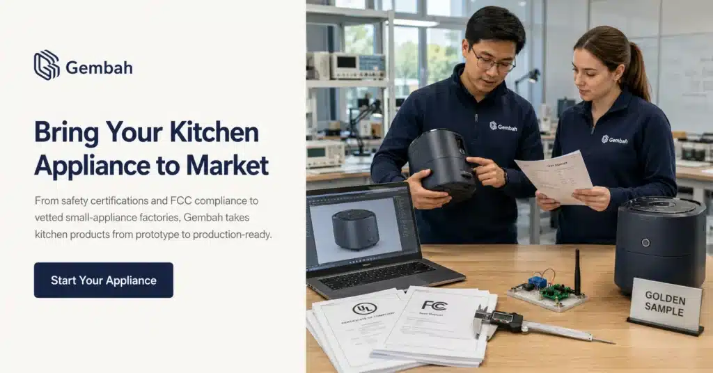Gembah team reviewing a kitchen appliance prototype, test report and certification paperwork before production.