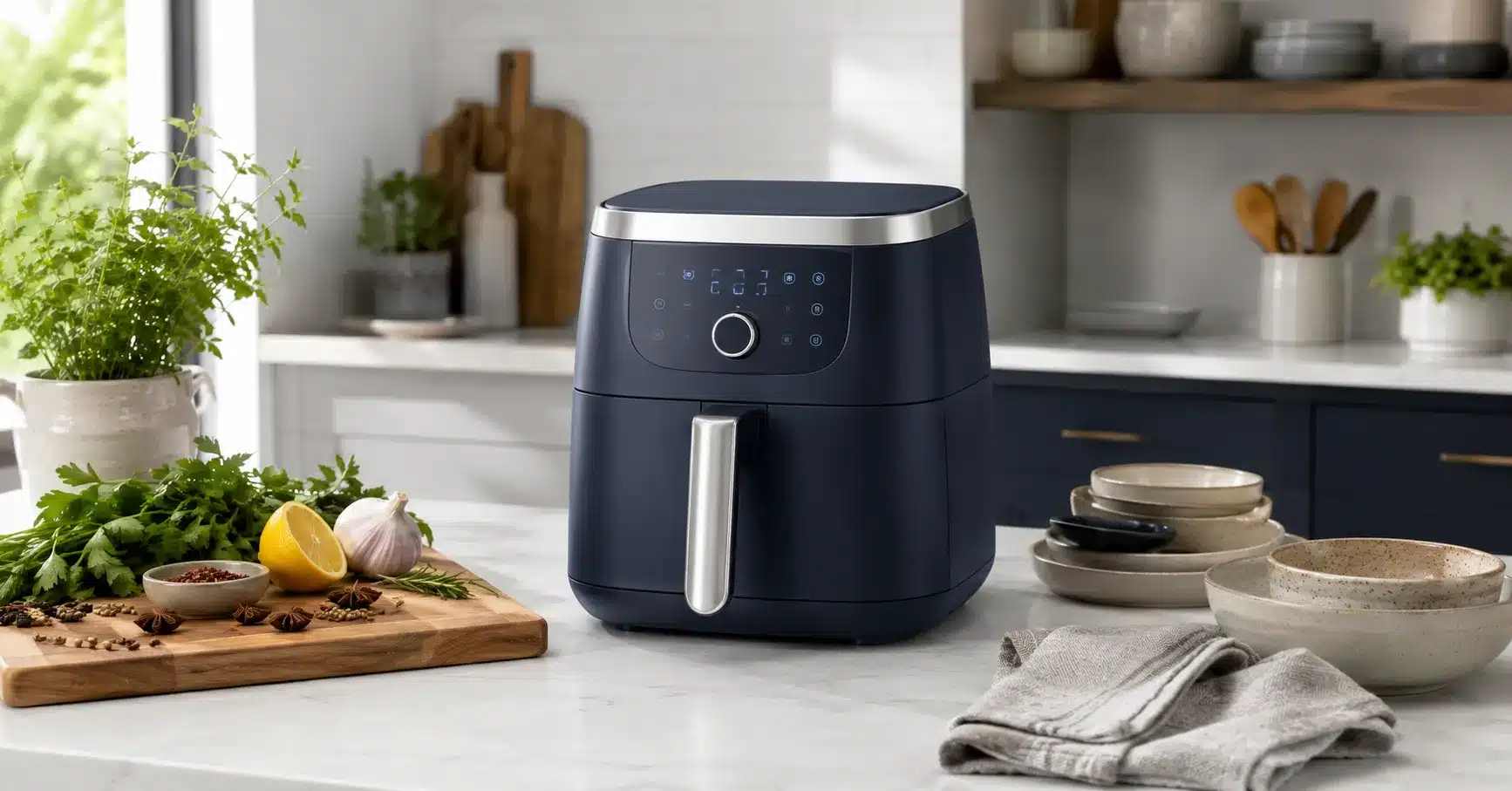 Countertop air fryer prototype shown in a kitchen during kitchen appliance design planning.