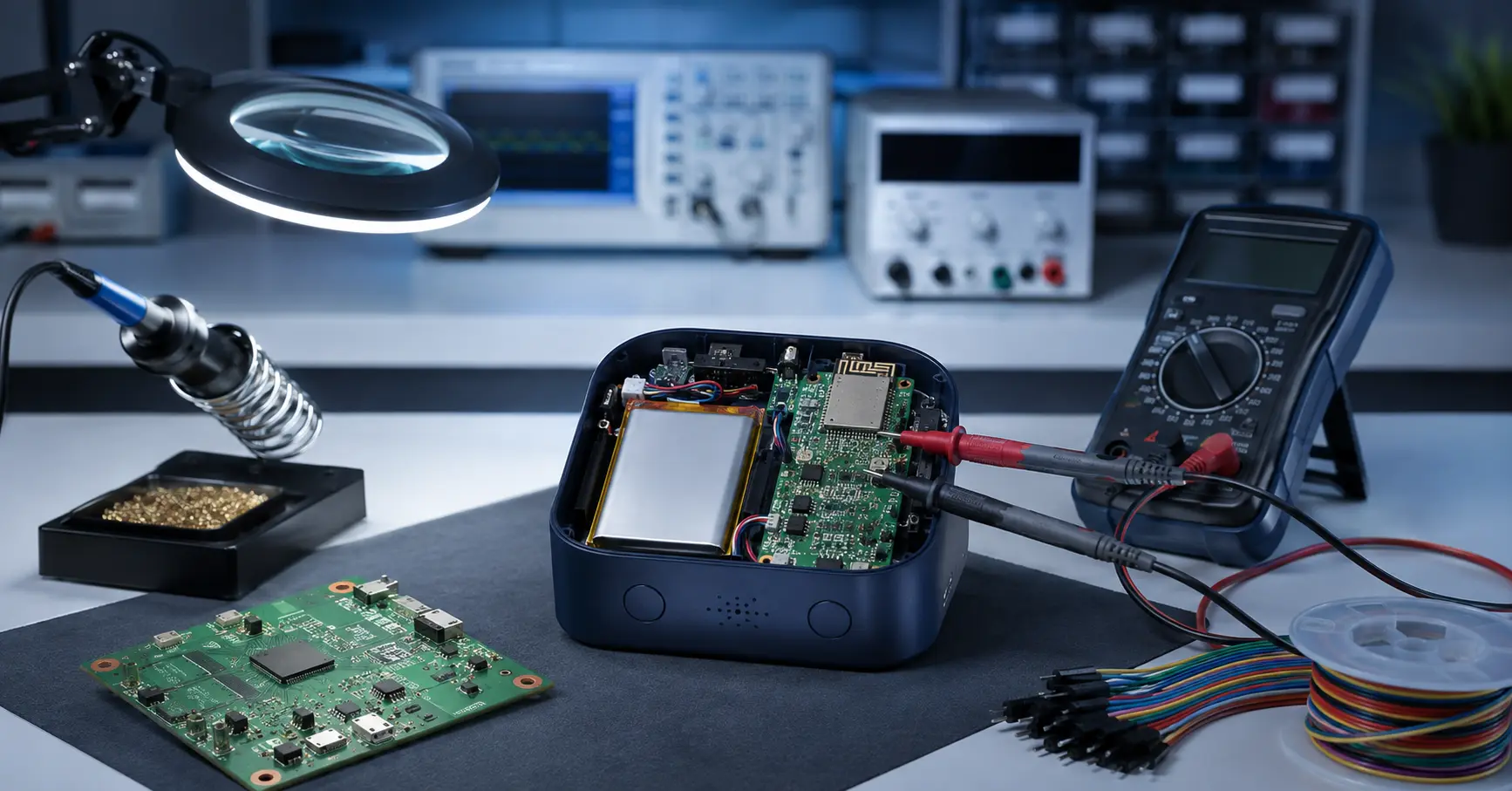 Electronics prototype tested with a multimeter during product development cost planning.