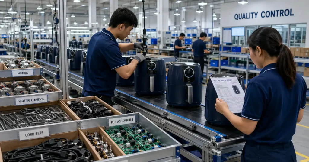 Kitchen appliance factory line assembling air fryers with quality control and component checks.
