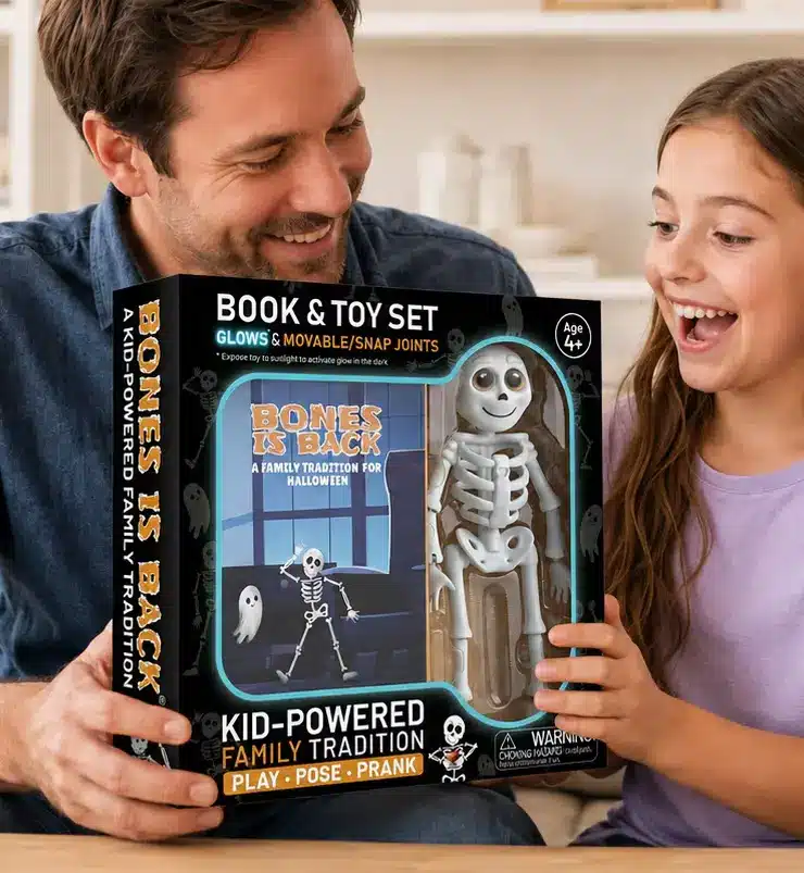 Bones Is Back Book & Toy Set retail box showing the glow-in-the-dark, movable skeleton and the storybook, held by a father and daughter