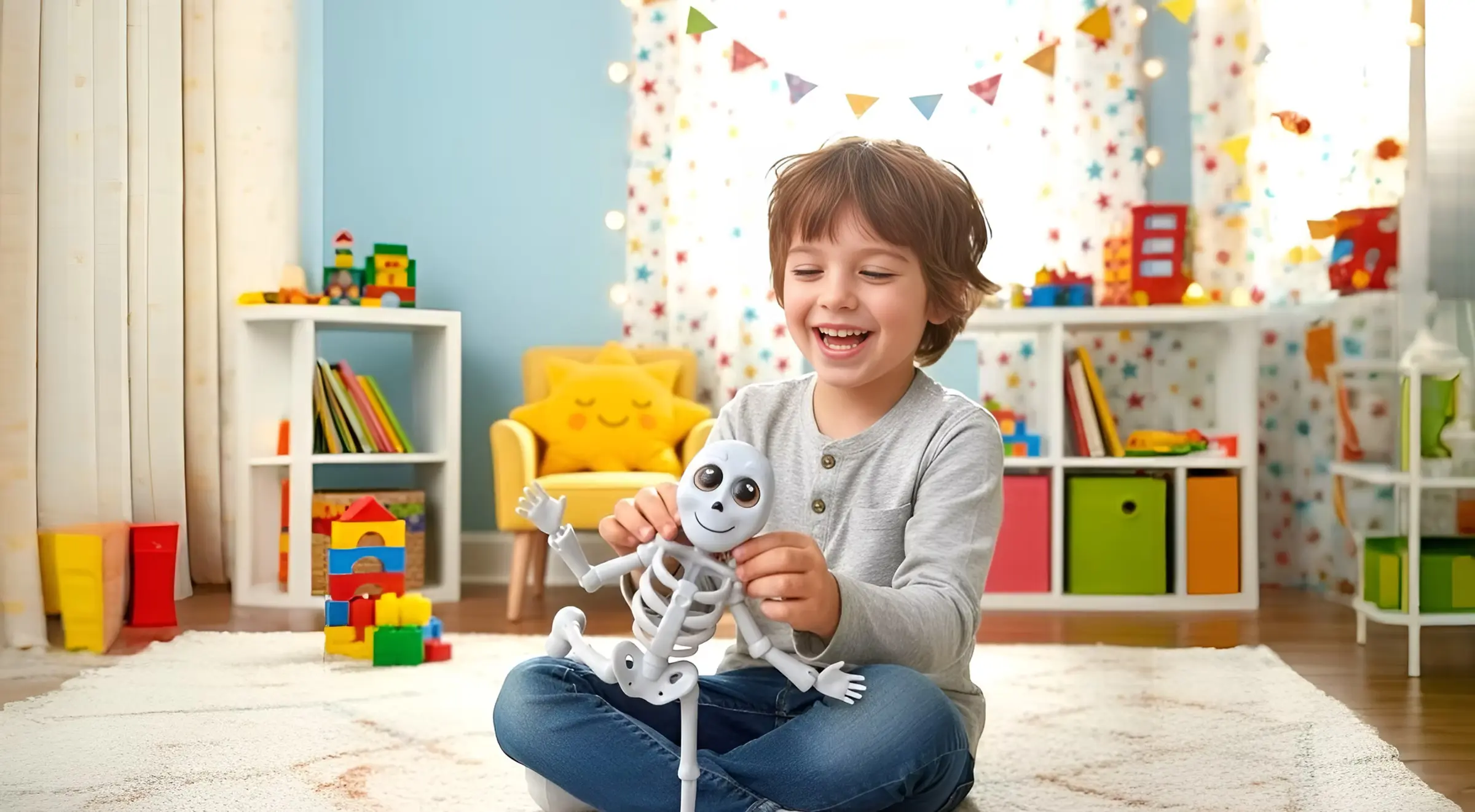 Boy sitting on a playroom floor smiling as he poses the Bones Is Back skeleton toy by its movable joints