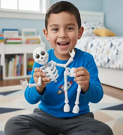 Young boy smiling as he poses the Bones Is Back skeleton toy, showing its movable joints