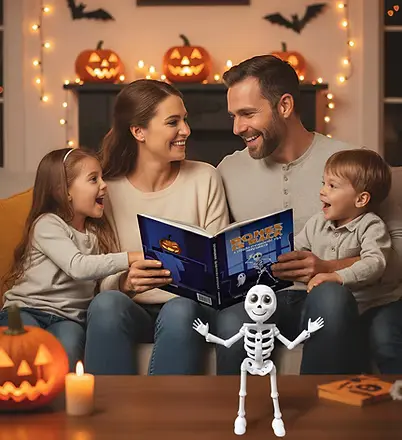 Family reading the Bones Is Back storybook together at Halloween with the glow-in-the-dark skeleton toy on the table