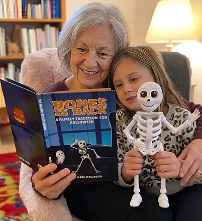 Grandmother reading the Bones Is Back book with her granddaughter, who holds the poseable Bones skeleton toy