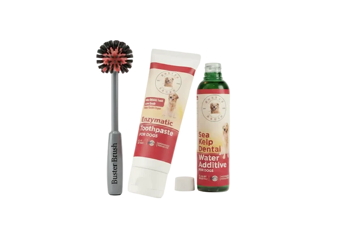 The Buster Brush oral care bundle: chew-friendly dog toothbrush, enzymatic toothpaste, and sea kelp water additive