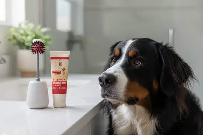 The Buster Brush dog toothbrush and enzymatic toothpaste on a bathroom counter beside a Bernese mountain dog