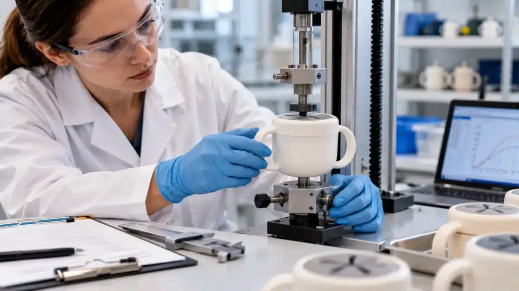 Lab technician third-party testing a baby product development sample for CPSIA safety certification.