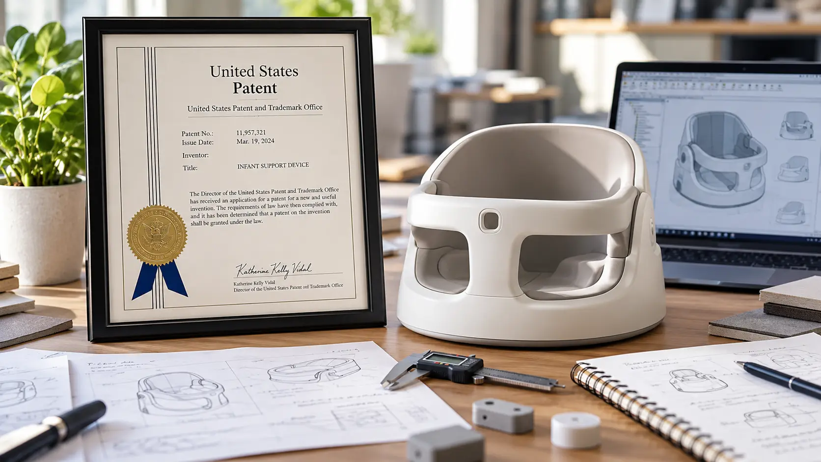 Framed patent certificate beside a white baby product prototype, technical drawings, and calipers on a product development desk.