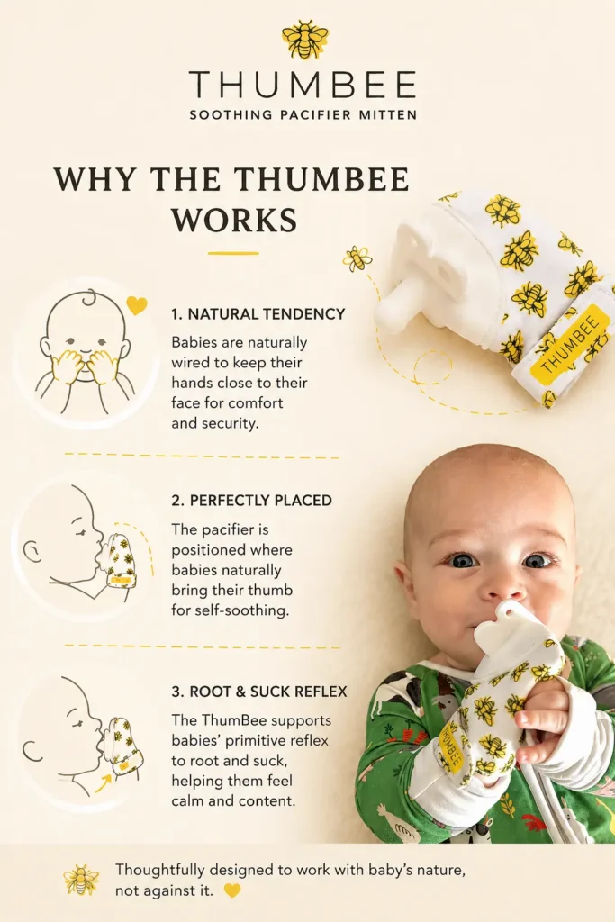 ThumBee infographic explaining how the mitten supports a baby's natural rooting and sucking reflex for self-soothing
