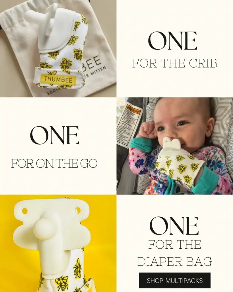 ThumBee multipack lifestyle grid showing the mitten for the crib, on the go, and in the diaper bag, with a baby self-soothing