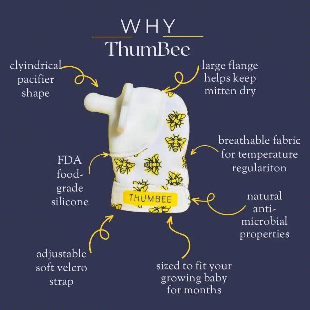ThumBee feature diagram: cylindrical pacifier, large flange, FDA food-grade silicone, breathable fabric, adjustable velcro strap
